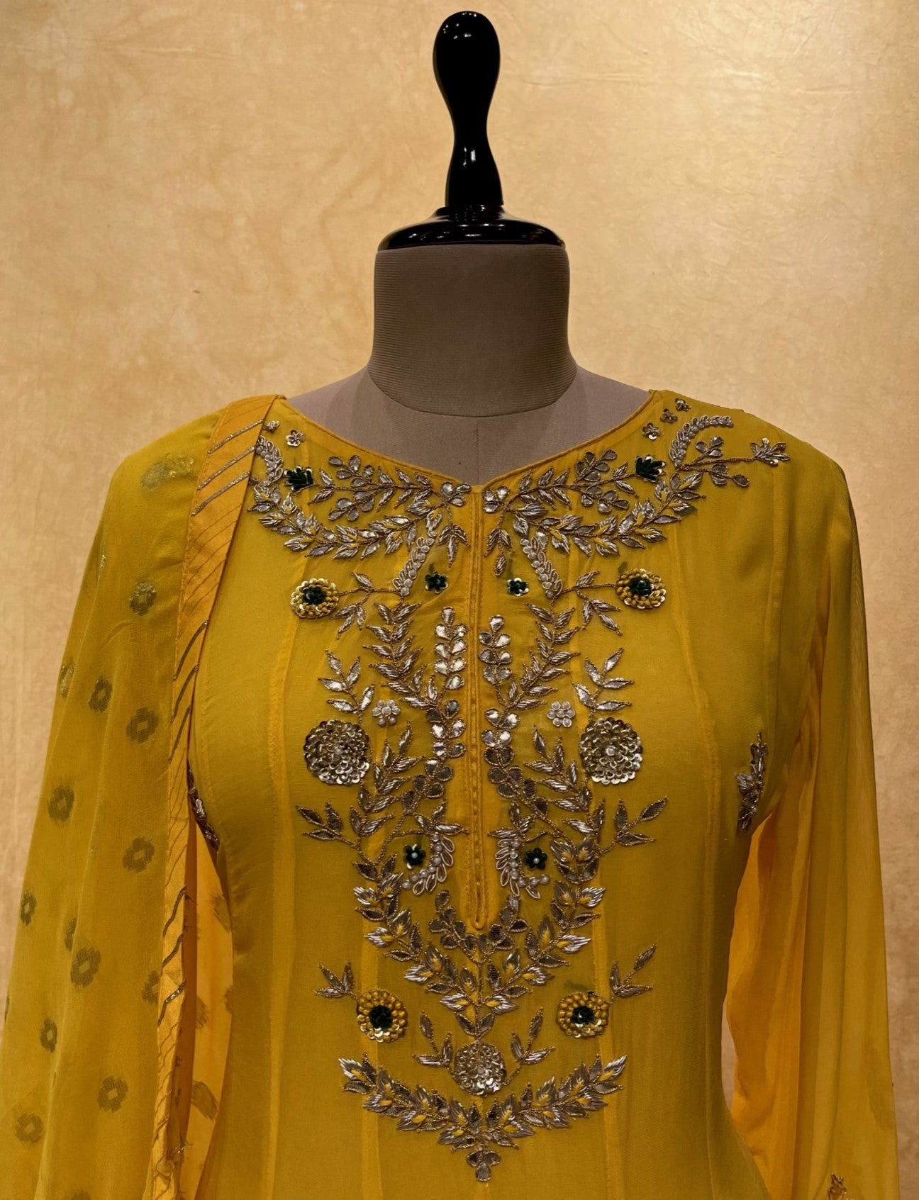 YELLOW COLOUR GEORGETTE ANARKALI GOTA PATTI SUIT EMBELLISHED WITH ZARDOZI & PEARL WORK