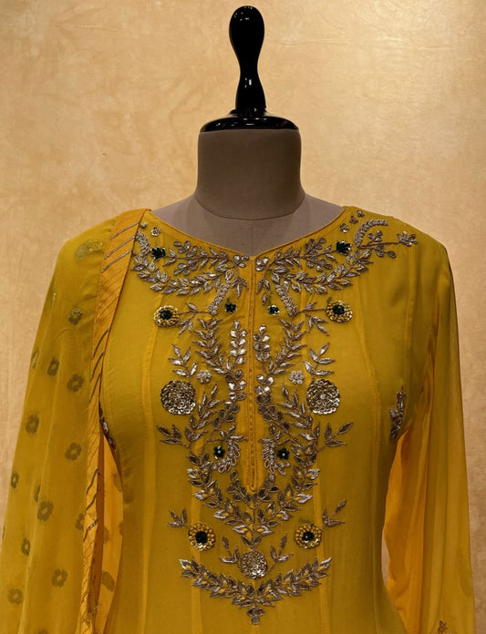 YELLOW COLOUR GEORGETTE ANARKALI GOTA PATTI SUIT EMBELLISHED WITH ZARDOZI & PEARL WORK