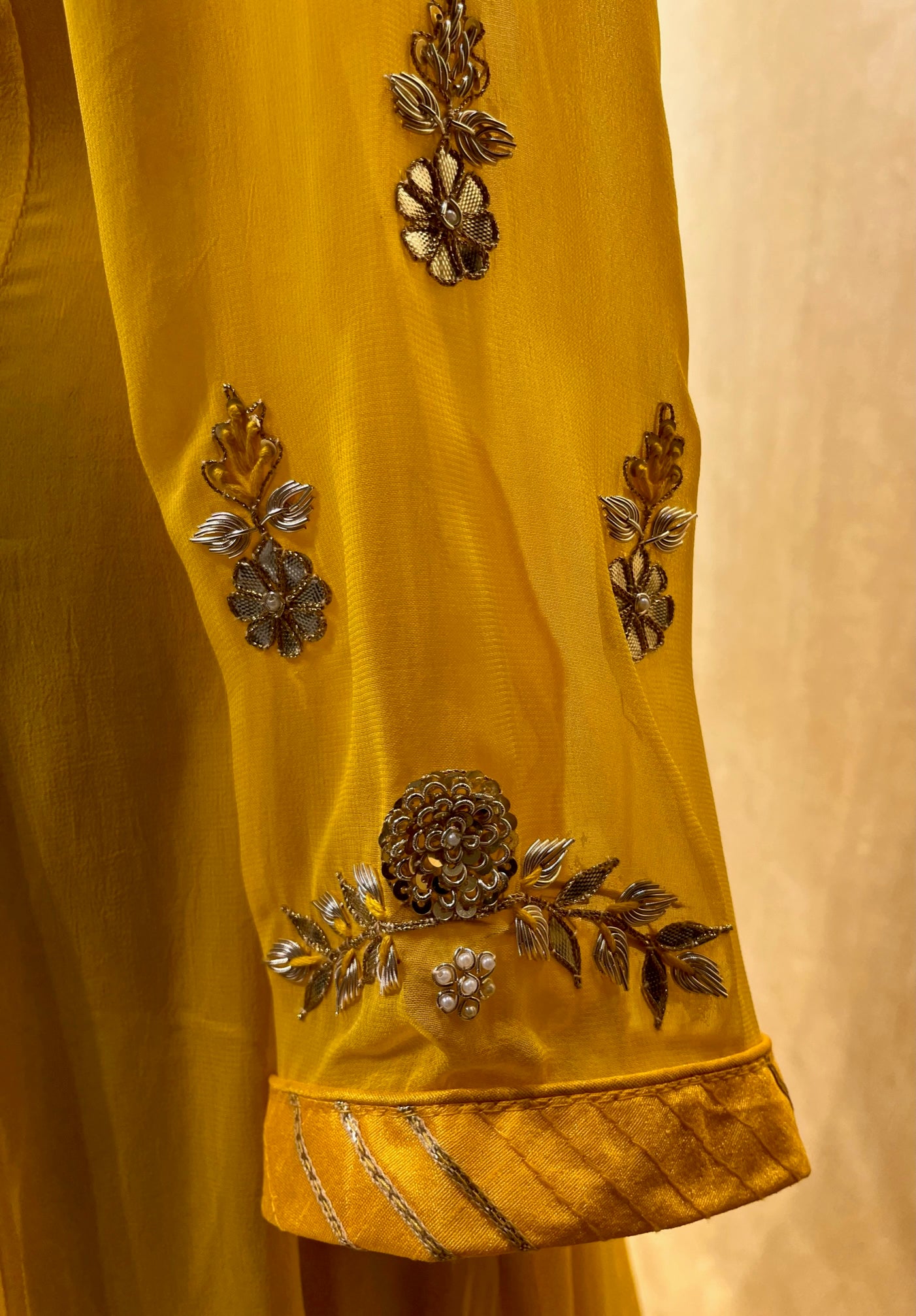 YELLOW COLOUR GEORGETTE ANARKALI GOTA PATTI SUIT EMBELLISHED WITH ZARDOZI & PEARL WORK