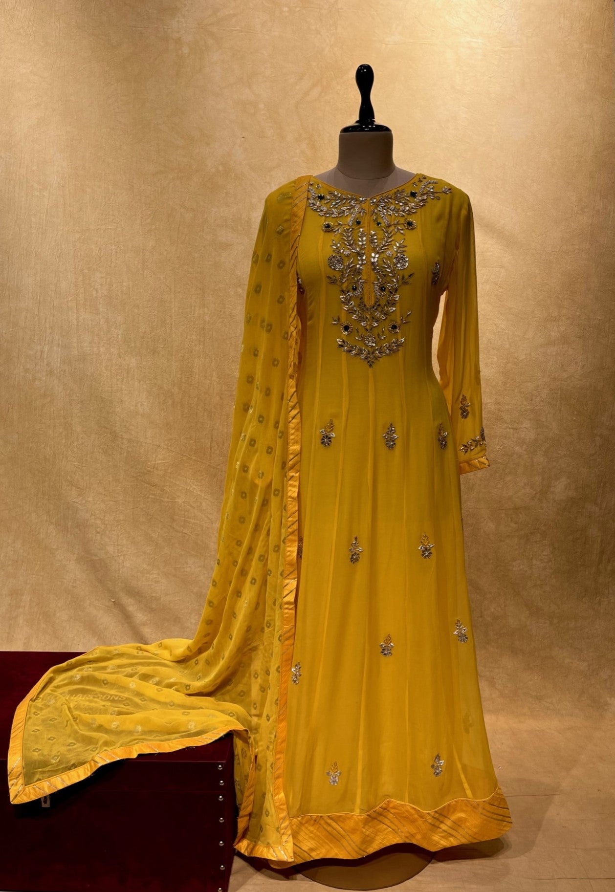 YELLOW COLOUR GEORGETTE ANARKALI GOTA PATTI SUIT EMBELLISHED WITH ZARDOZI PEARL WORK