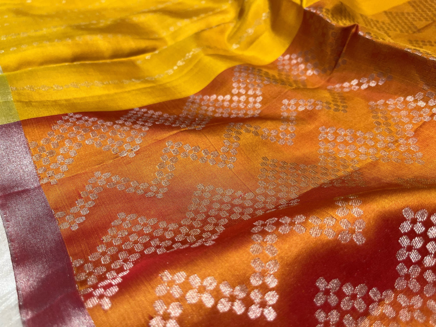 YELLOW COLOURE PURE DHARMAVARAM SILK SAREE WITH ZARI BORDER & CONTRAST PALLA