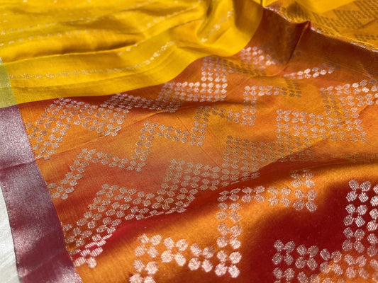 YELLOW COLOURE PURE DHARMAVARAM SILK SAREE WITH ZARI BORDER & CONTRAST PALLA