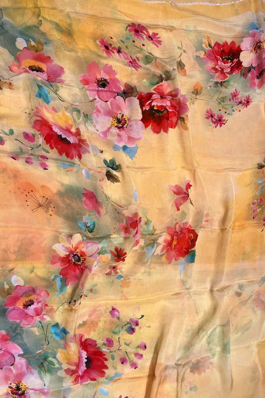 LIGHT YELLOW FLORAL PRINTED PURE CHINON SAREE