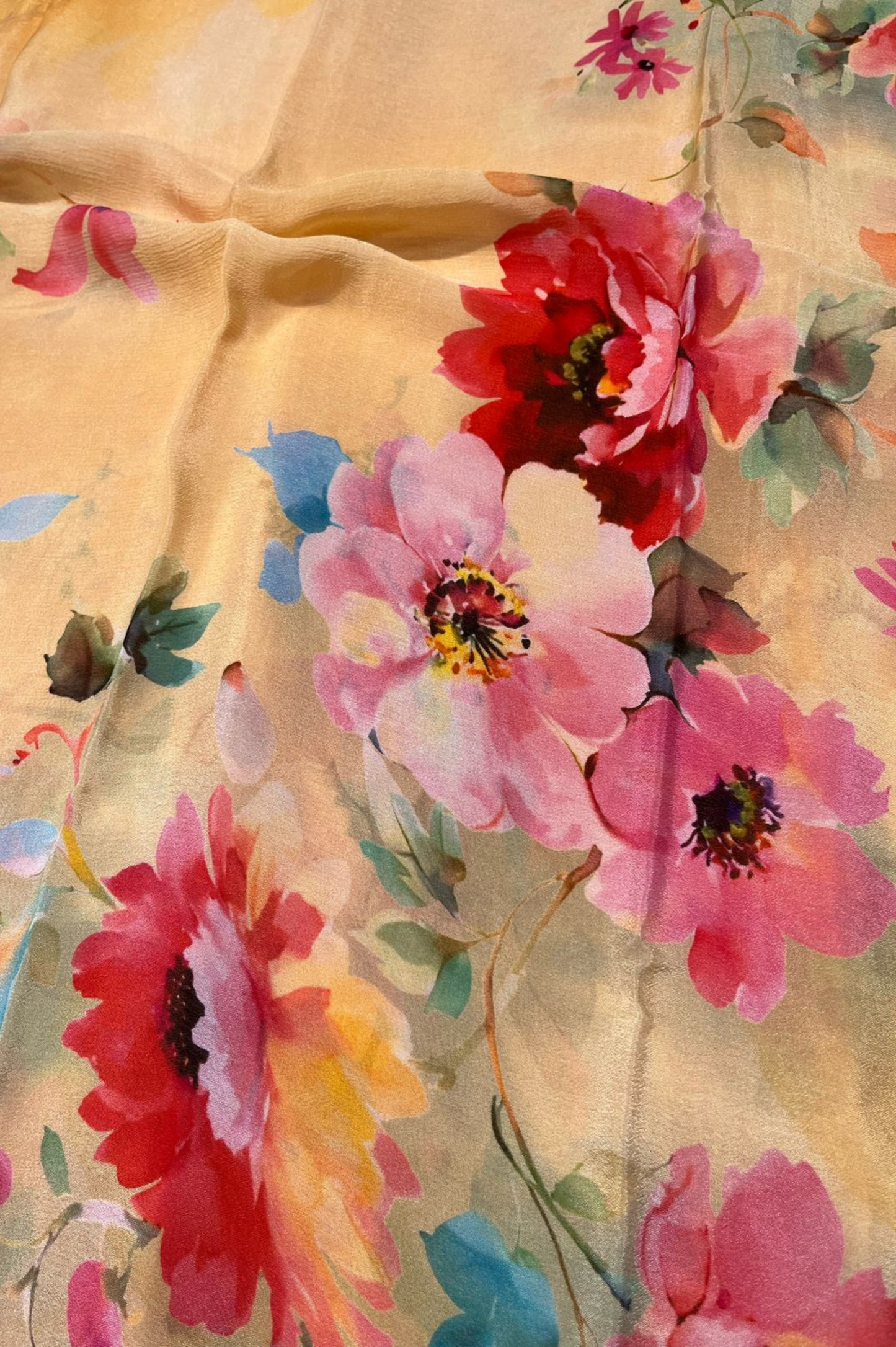 LIGHT YELLOW FLORAL PRINTED PURE CHINON SAREE
