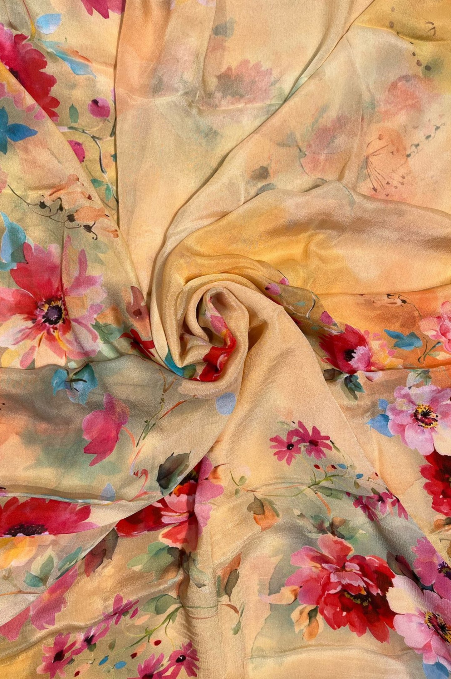 LIGHT YELLOW FLORAL PRINTED PURE CHINON SAREE