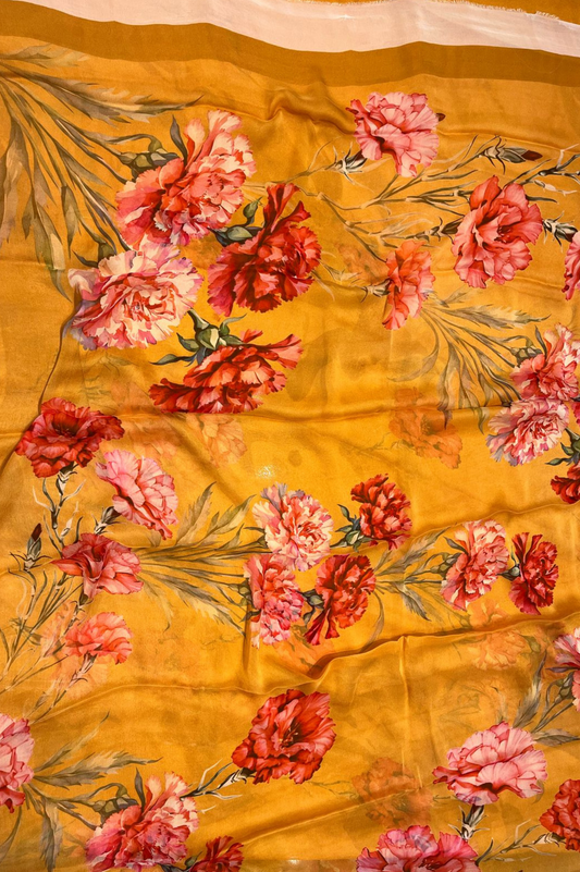 MUSTARD YELLOW PRINTED (30 gram- PURE CHINNON SAREE)