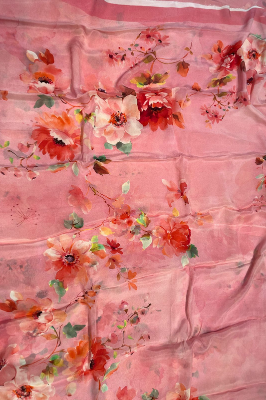 BLUSH PINK FLORAL PRINTED PURE CHINON SAREE