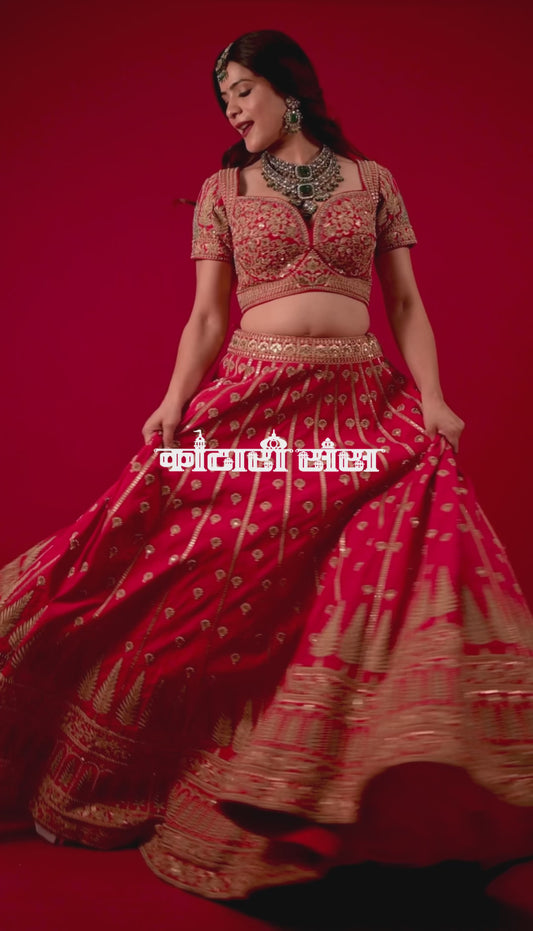 ( DELIVERY IN 50 DAYS ) MAGENTA COLOUR RAW SILK BRIDAL LEHENGA WITH READYMADE BLOUSE & ORGANZA DUPATTA EMBELLISHED WITH ZARI EMBROIDERY