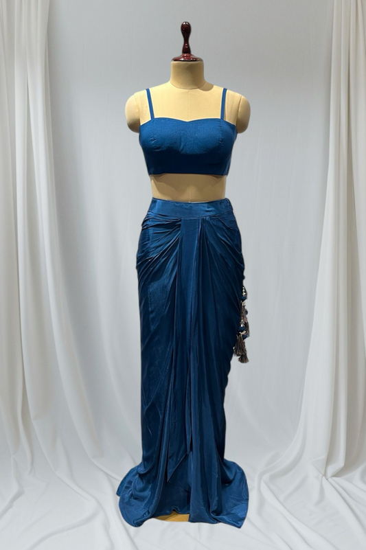 SEA BLUE COLOR DRAPED SKIRT WITH CROP TOP & BLAZER