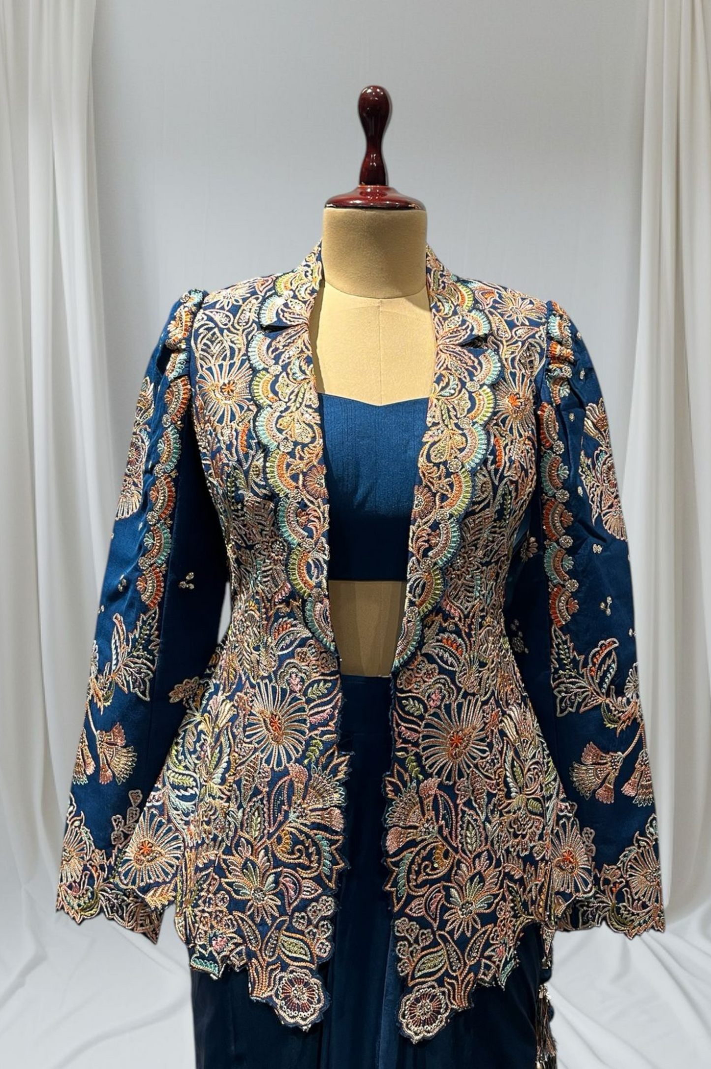 SEA BLUE COLOR DRAPED SKIRT WITH CROP TOP & BLAZER