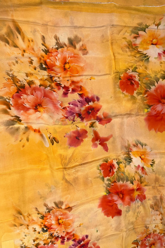 YELLOW FLORAL PRINTED PURE CHINON SAREE