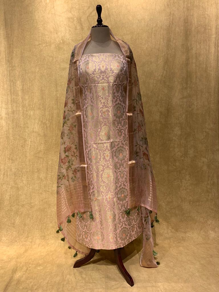 PEACH COLOUR BANARASI SILK UNSTITCHED SUIT WITH PRINTED ORGANZA DUPATTA
