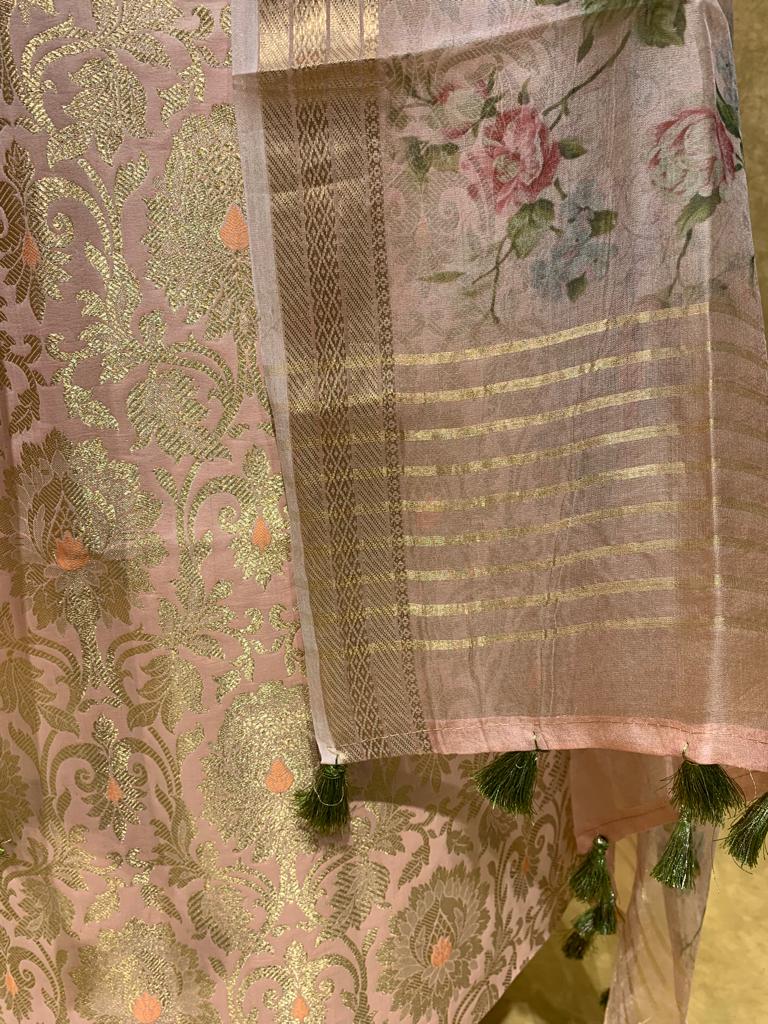 PEACH COLOUR BANARASI SILK UNSTITCHED SUIT WITH PRINTED ORGANZA DUPATTA