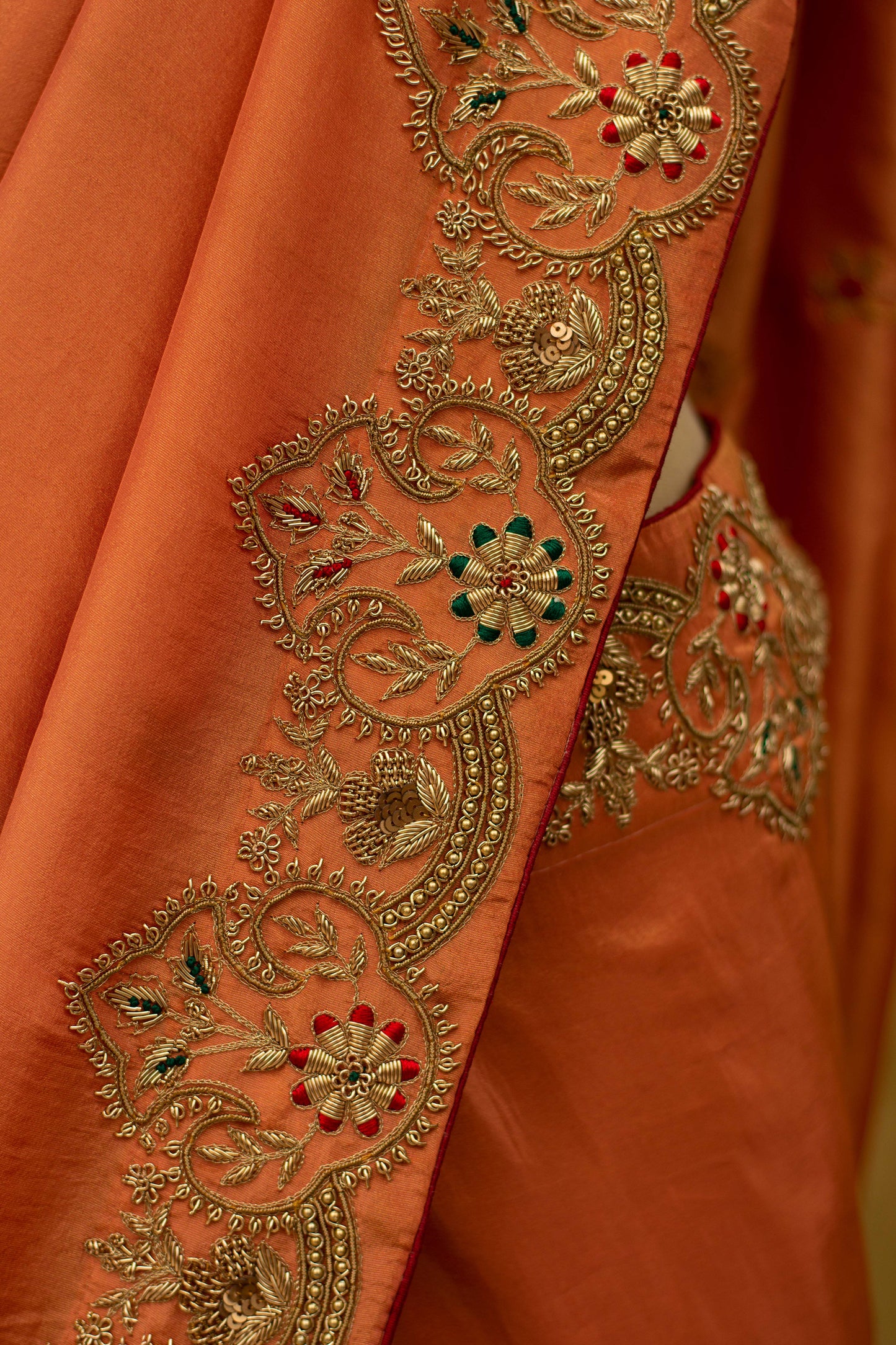 RUST SAREE IN LAMIA WITH ZARDOZI WORK - Kothari Sons