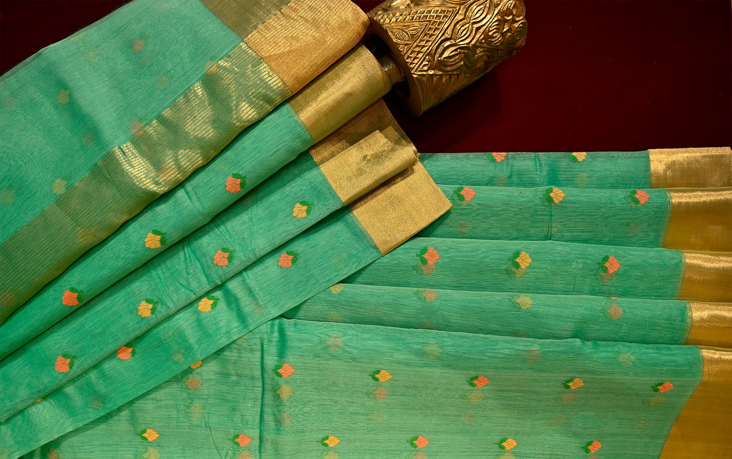 SEA GREEN CHANDERI SAREE WITH GOLDEN ZARI BORDER - Kothari Sons