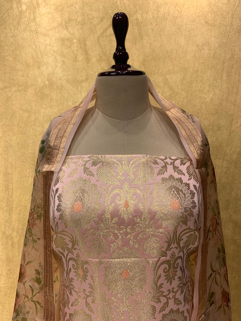 PEACH COLOUR BANARASI SILK UNSTITCHED SUIT WITH PRINTED ORGANZA DUPATTA