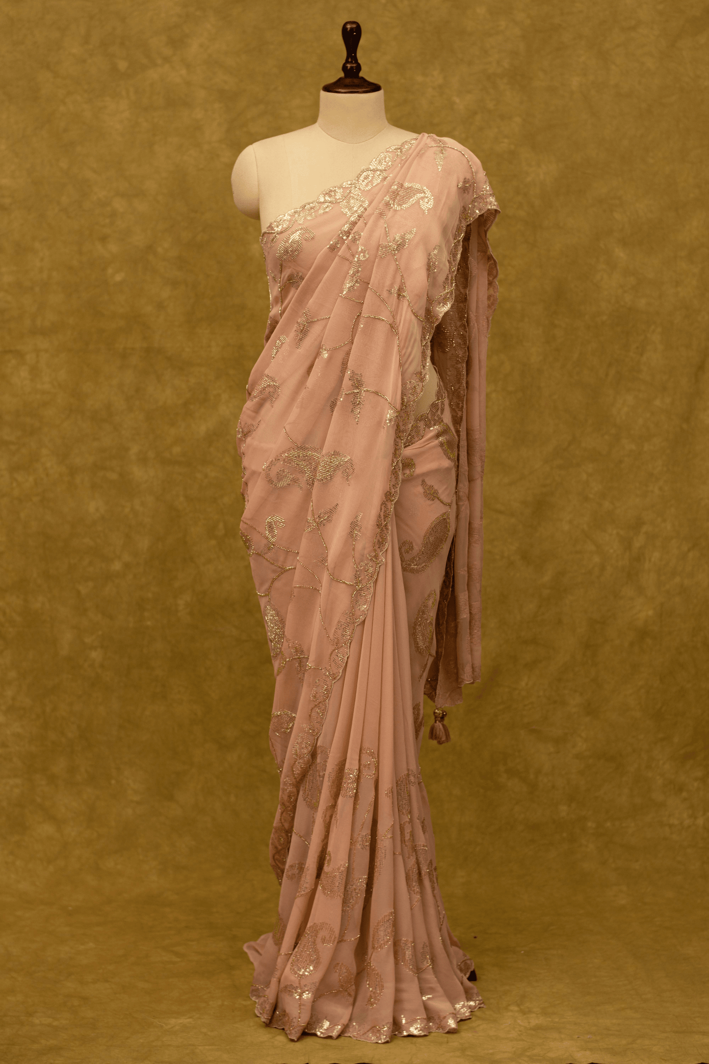 PEACH SAREE IN GEORGETTE WITHN SEQUINS PAISLEY DESIGN - Kothari Sons