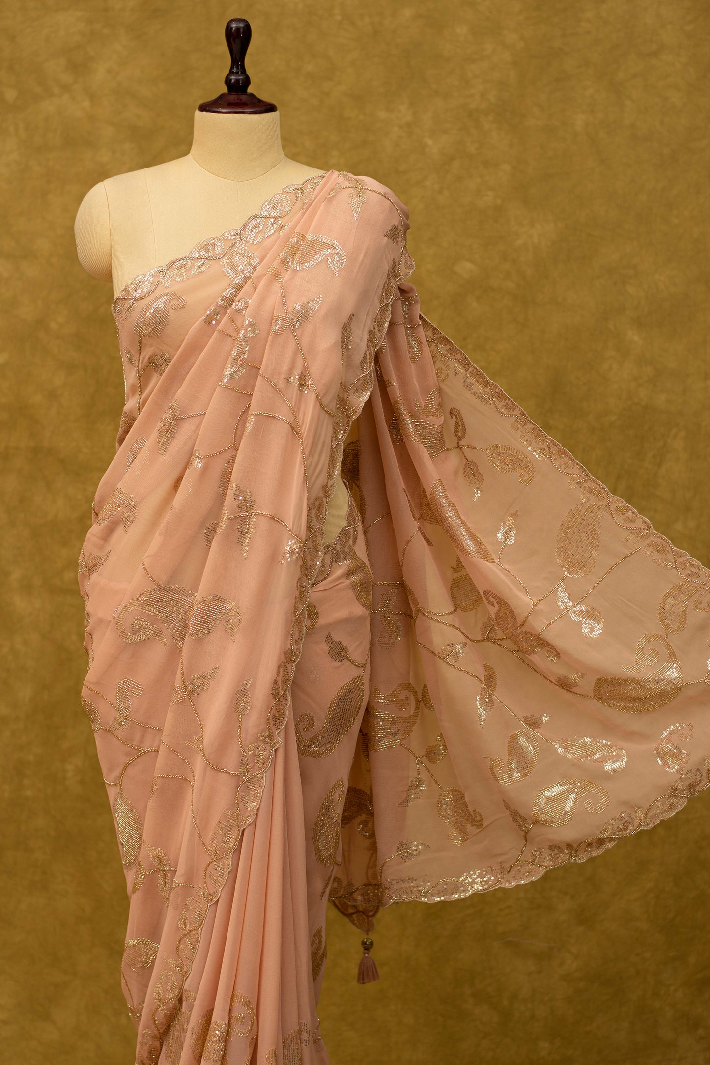 PEACH SAREE IN GEORGETTE WITHN SEQUINS PAISLEY DESIGN - Kothari Sons
