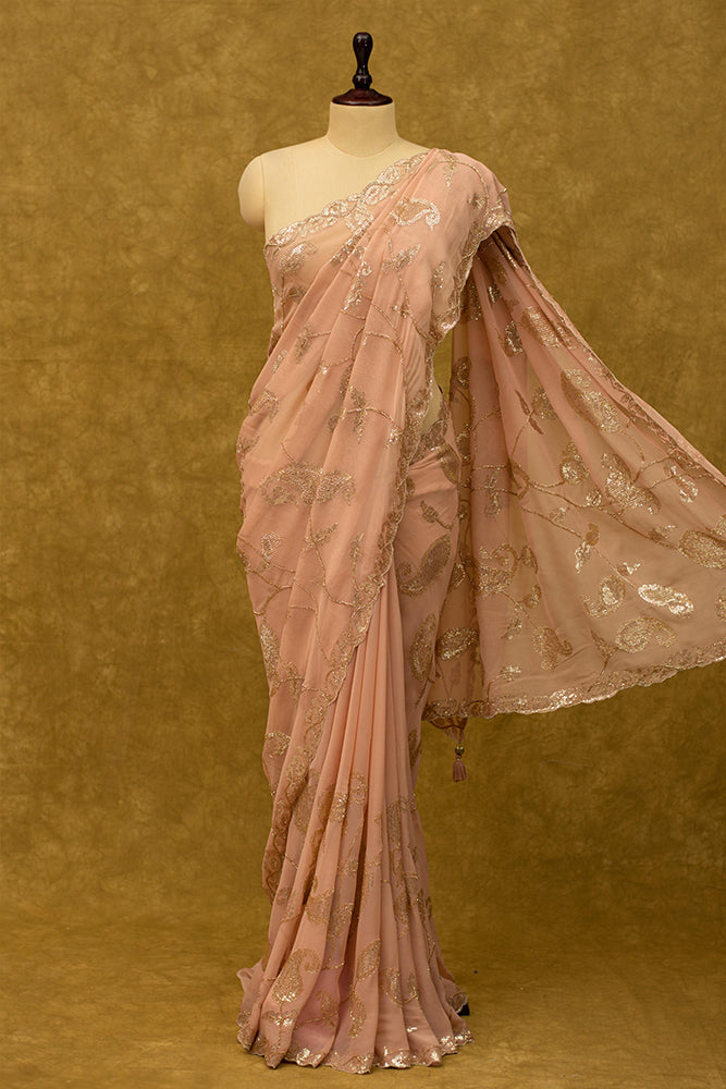 PEACH SAREE IN GEORGETTE WITHN SEQUINS PAISLEY DESIGN - Kothari Sons