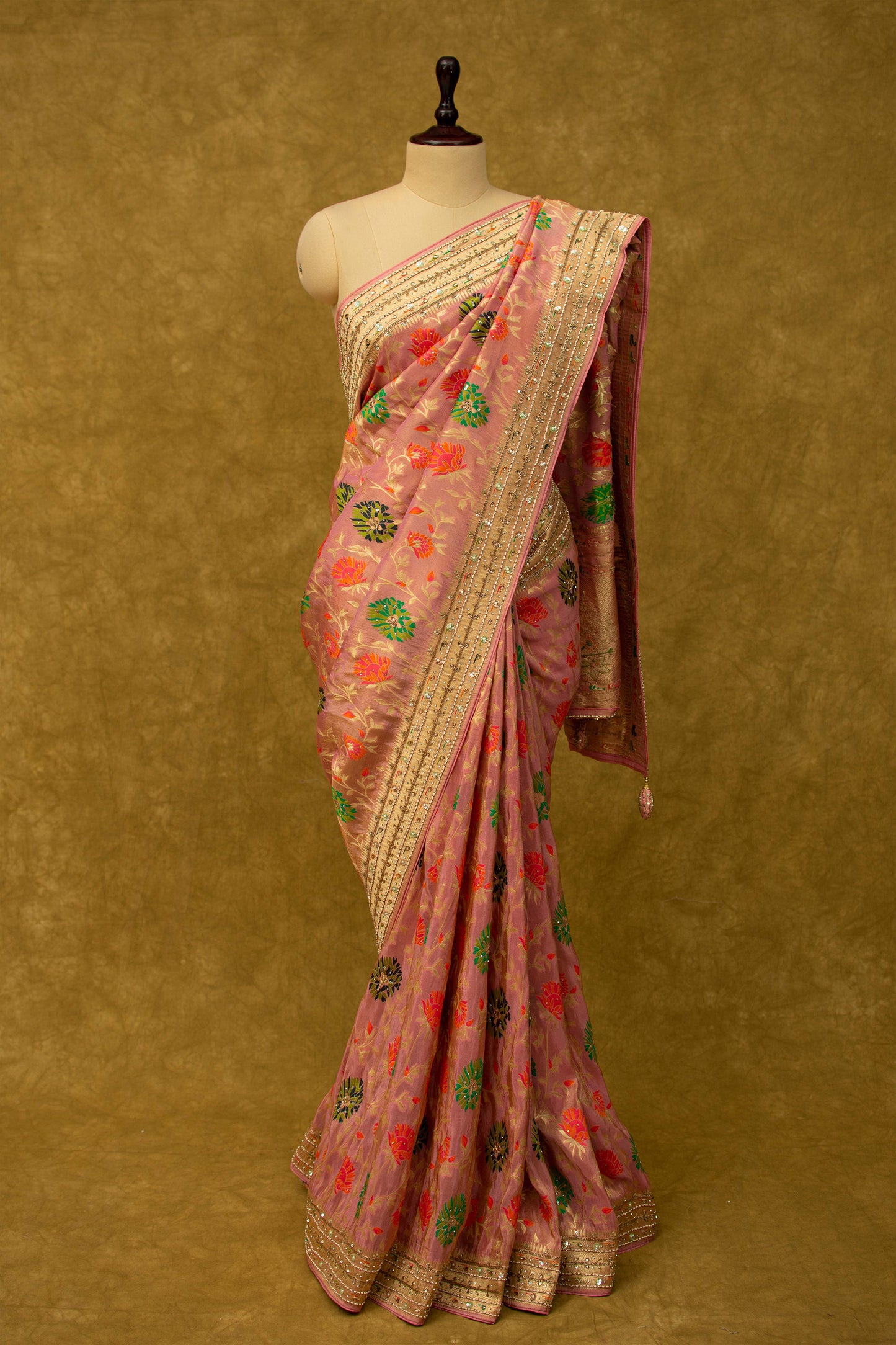 ONION PINK SAREE IN SILK TISSUE WITH HAND EMBROIDERED ZARDOZI WORK - Kothari Sons