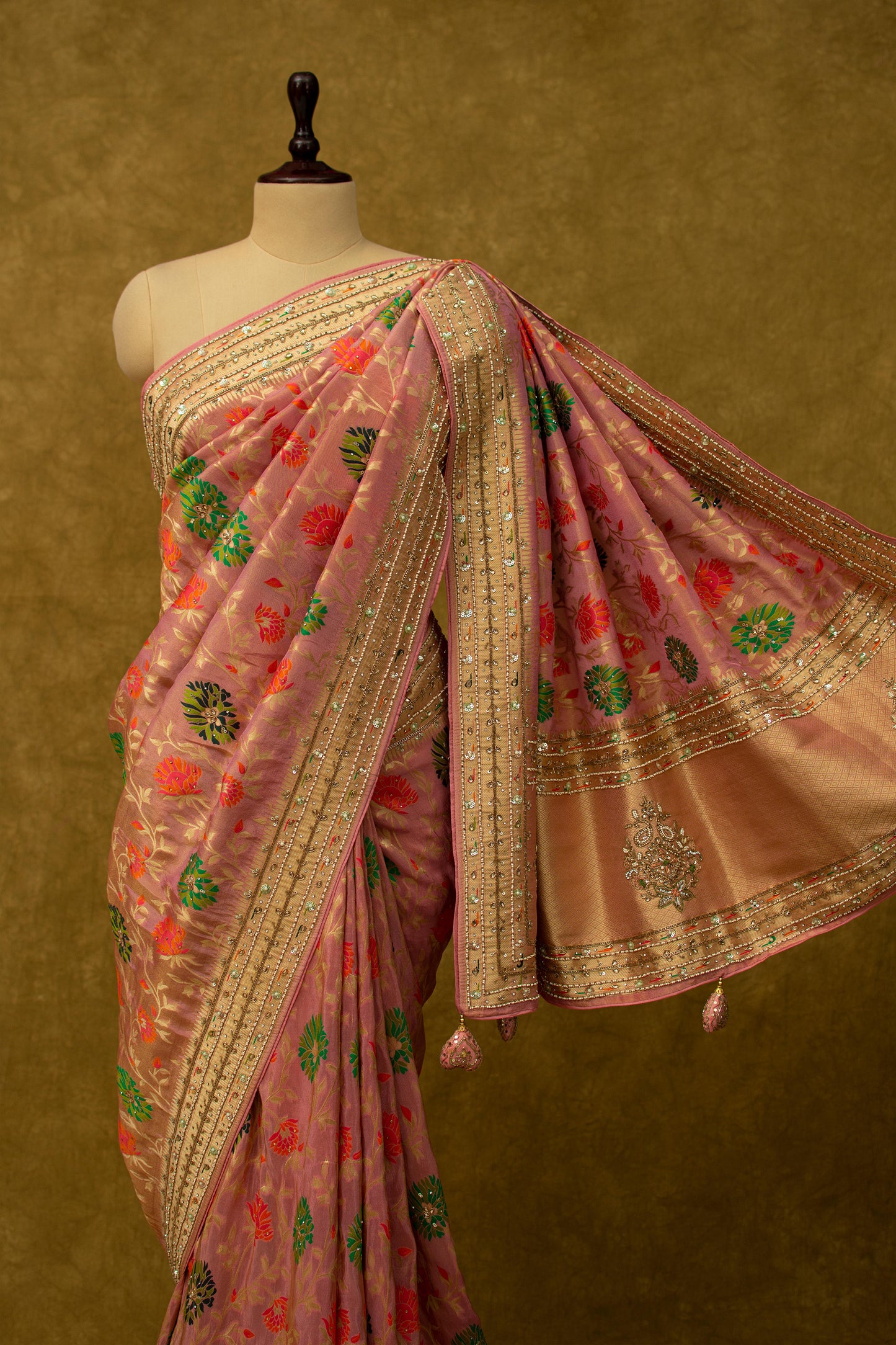 ONION PINK SAREE IN SILK TISSUE WITH HAND EMBROIDERED ZARDOZI WORK - Kothari Sons