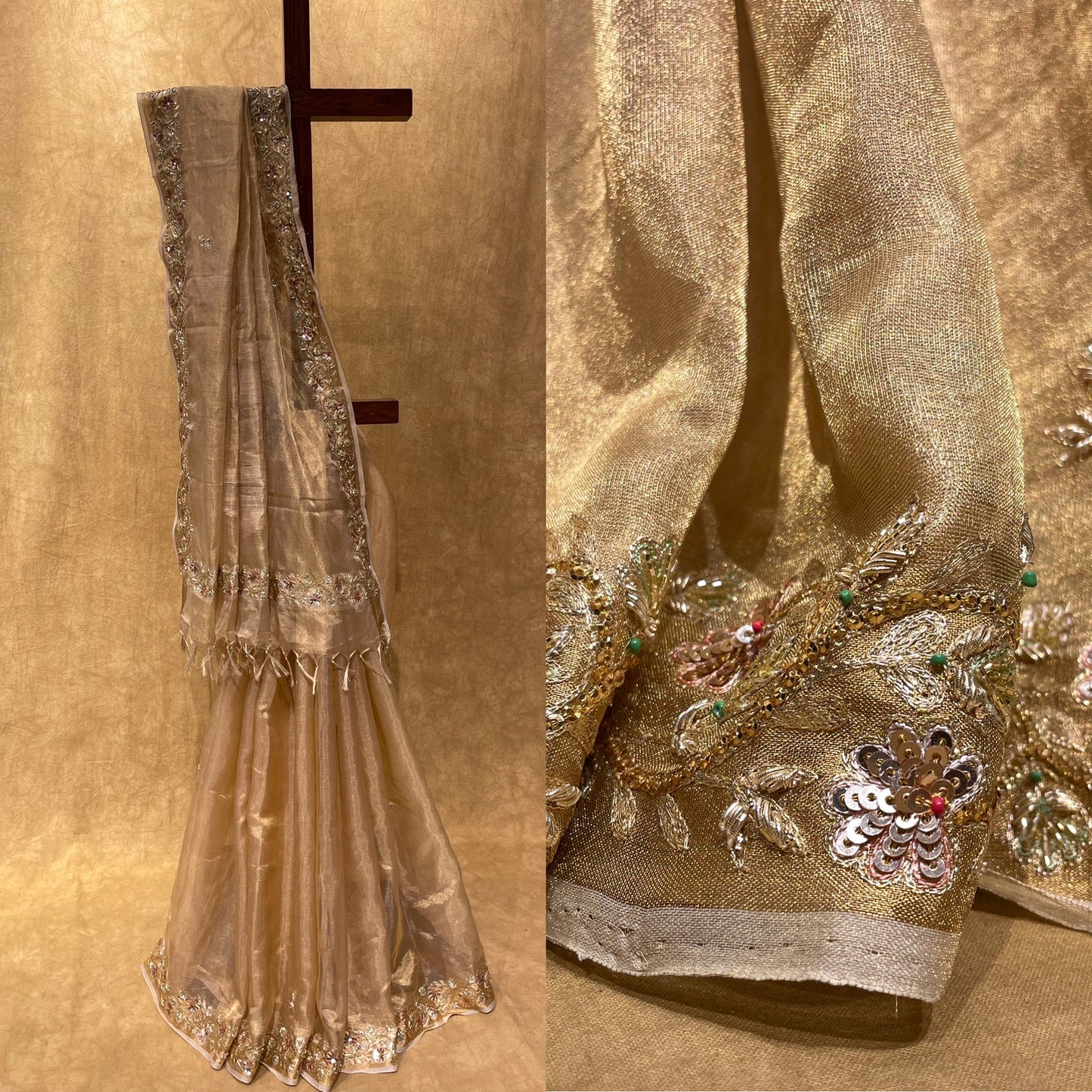 (DELIVERY IN 30 DAYS) GOLDEN COLOUR TISSUE SAREE WITH HAND EMBROIDERED BORDER