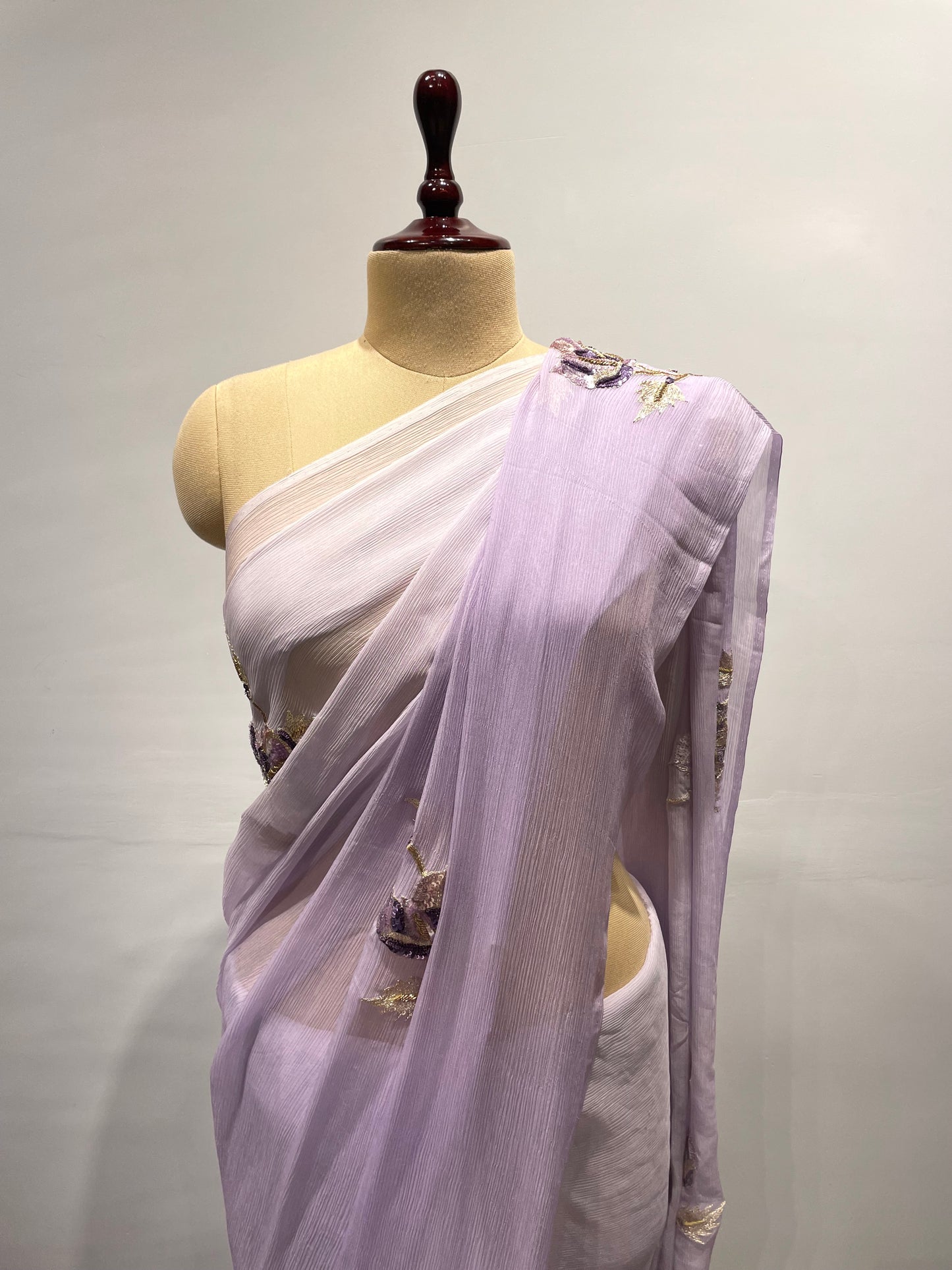 SHADED MAUVE PURE CHIFFON SAREE WITH HAND EMBROIDERED ZARDOZI WORK - Kothari Sons