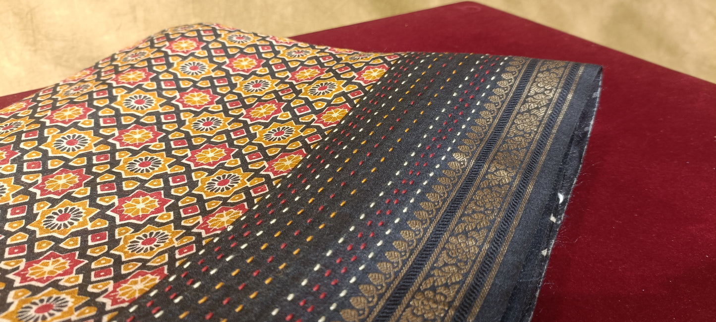 (DELIVERY IN 25-30 DAYS) BLACK COLOUR MUNGA SILK SAREE WITH ZARI BORDER & KANTHA WORK
