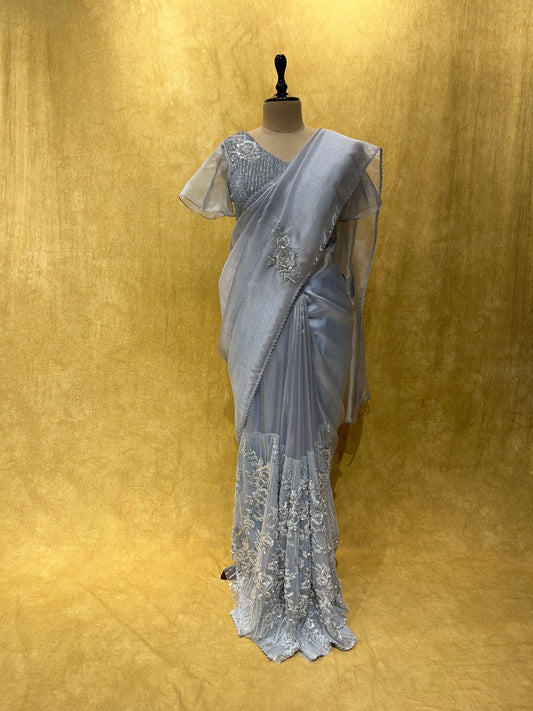 GREY COLOUR IMPORTED FABRIC SAREE WITH CUTDANA WORK AND READYMADE BLOUSE