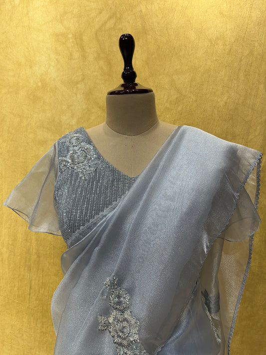 GREY COLOUR IMPORTED FABRIC SAREE WITH CUTDANA WORK AND READYMADE BLOUSE