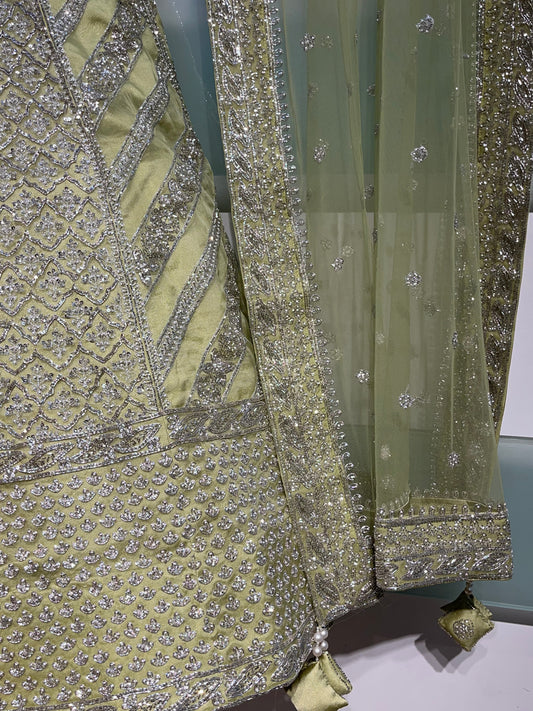 PISTA GREEN COLOUR PURE ORGANZA HAND EMBROIDERED LEHENGA EMBELLISHED WITH CUTDANA WORK