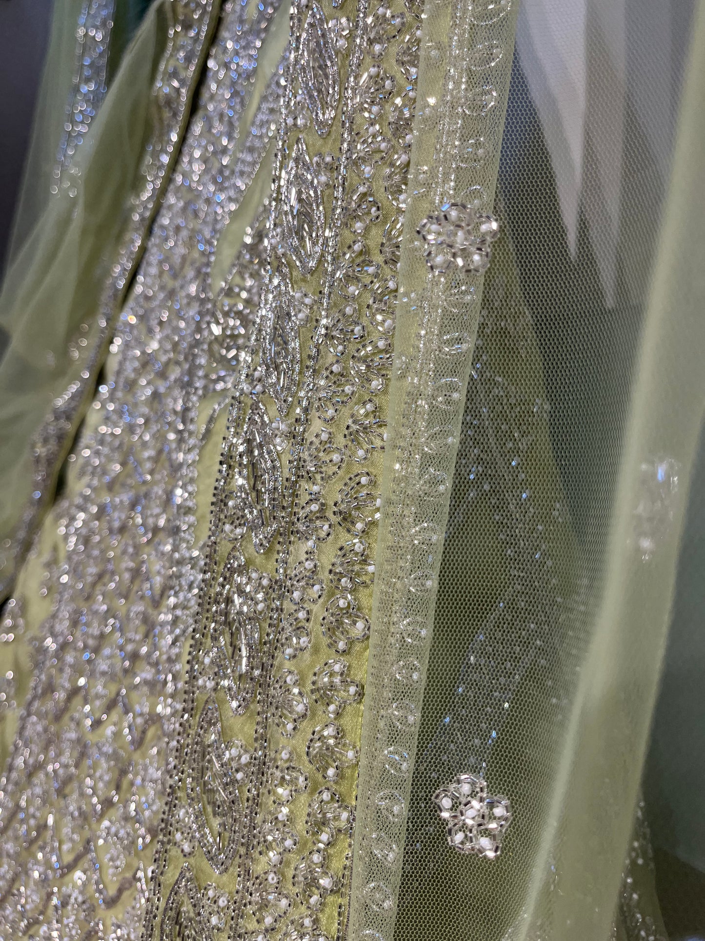 PISTA GREEN COLOUR PURE ORGANZA HAND EMBROIDERED LEHENGA EMBELLISHED WITH CUTDANA WORK