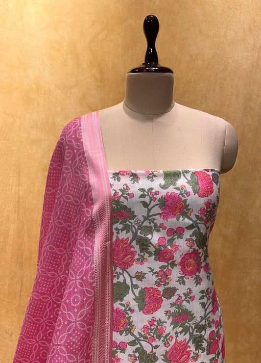 WHITE COLOUR FLORAL PRINTED COTTON UNSTITCHED SUIT WITH BANDHANI DUPATTA