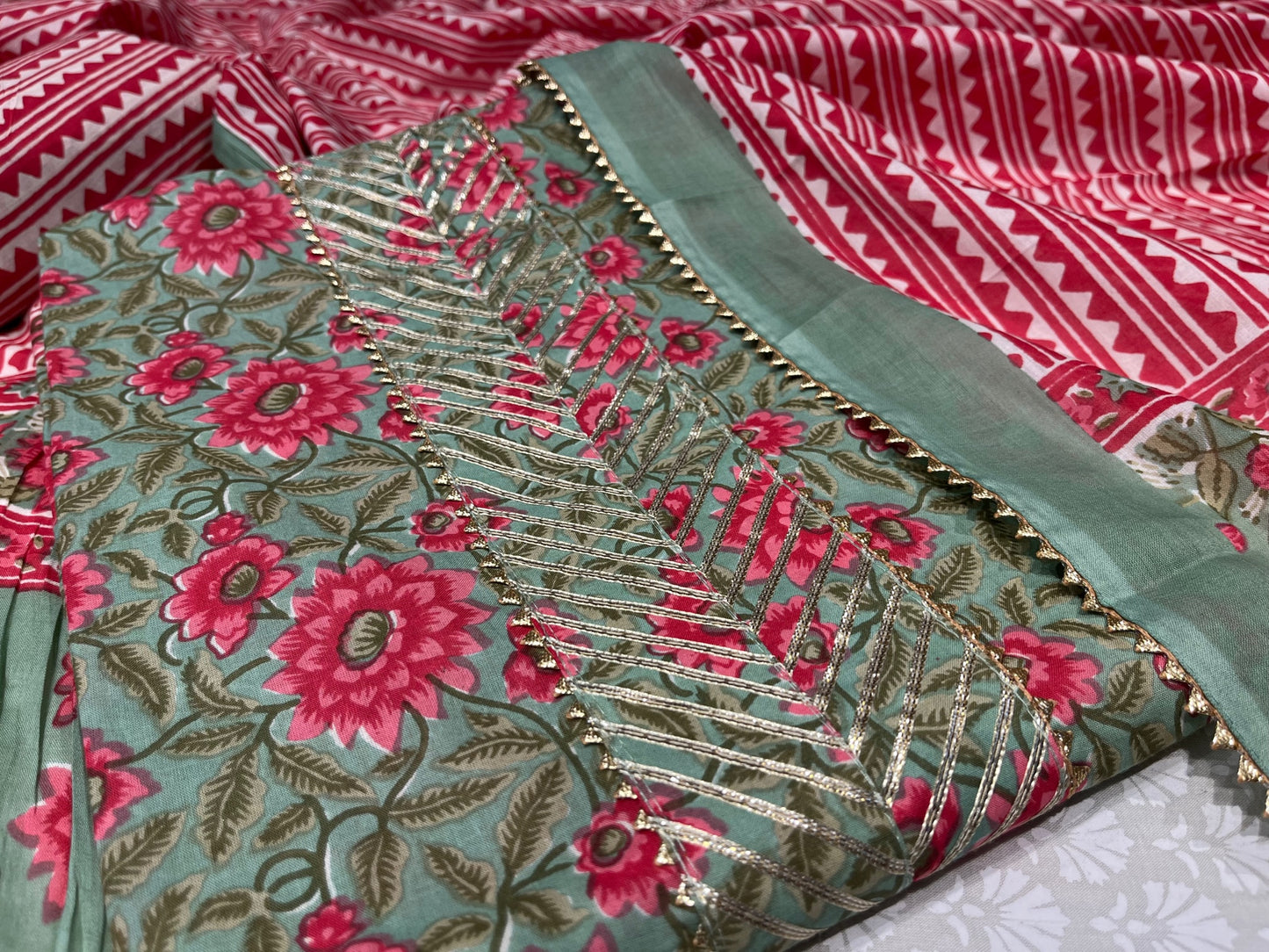 PISTA GREEN COLOUR UNSTITCHED PRINTED SUIT EMBELLISHED WITH GOTA PATTI WORK