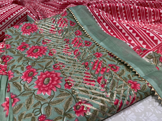 PISTA GREEN COLOUR UNSTITCHED PRINTED SUIT EMBELLISHED WITH GOTA PATTI WORK
