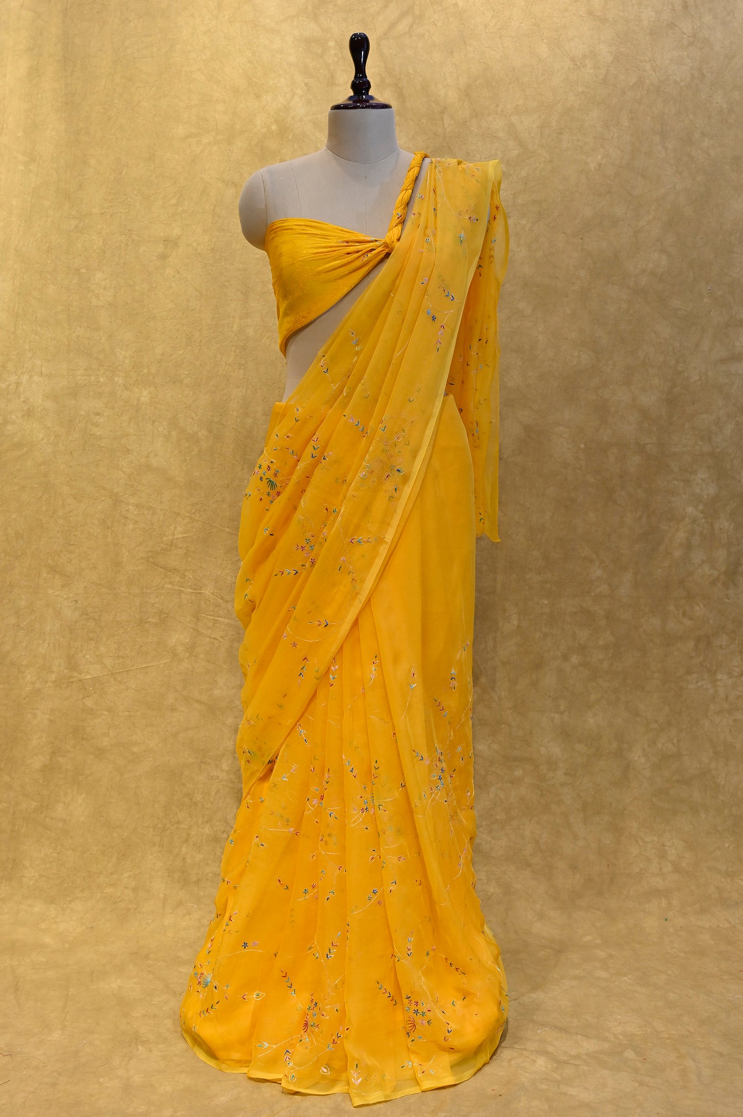 YELLOW CHIFFON SAREE WITH ARI RESHAM WORK - Kothari Sons