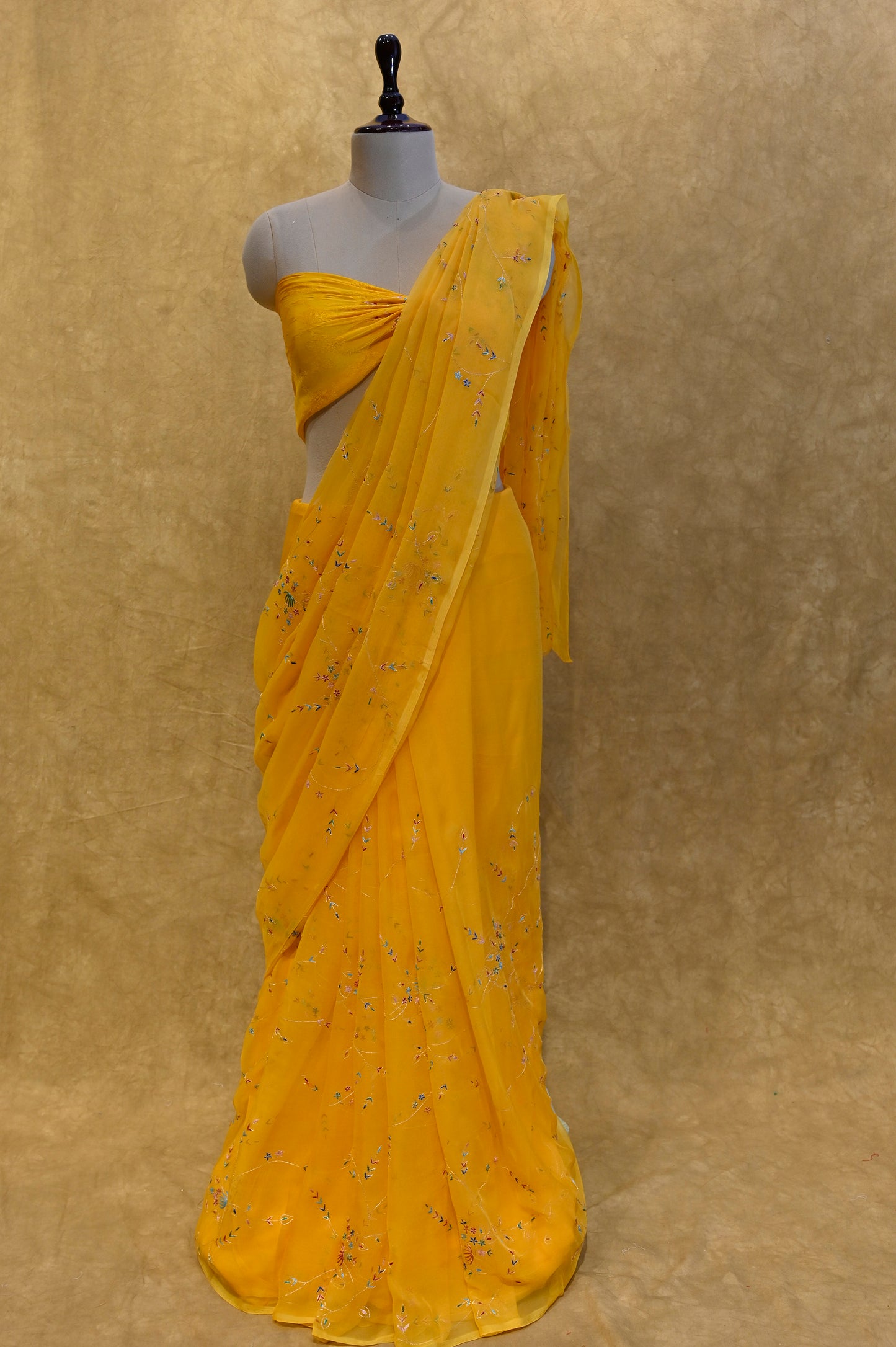 YELLOW CHIFFON SAREE WITH ARI RESHAM WORK - Kothari Sons