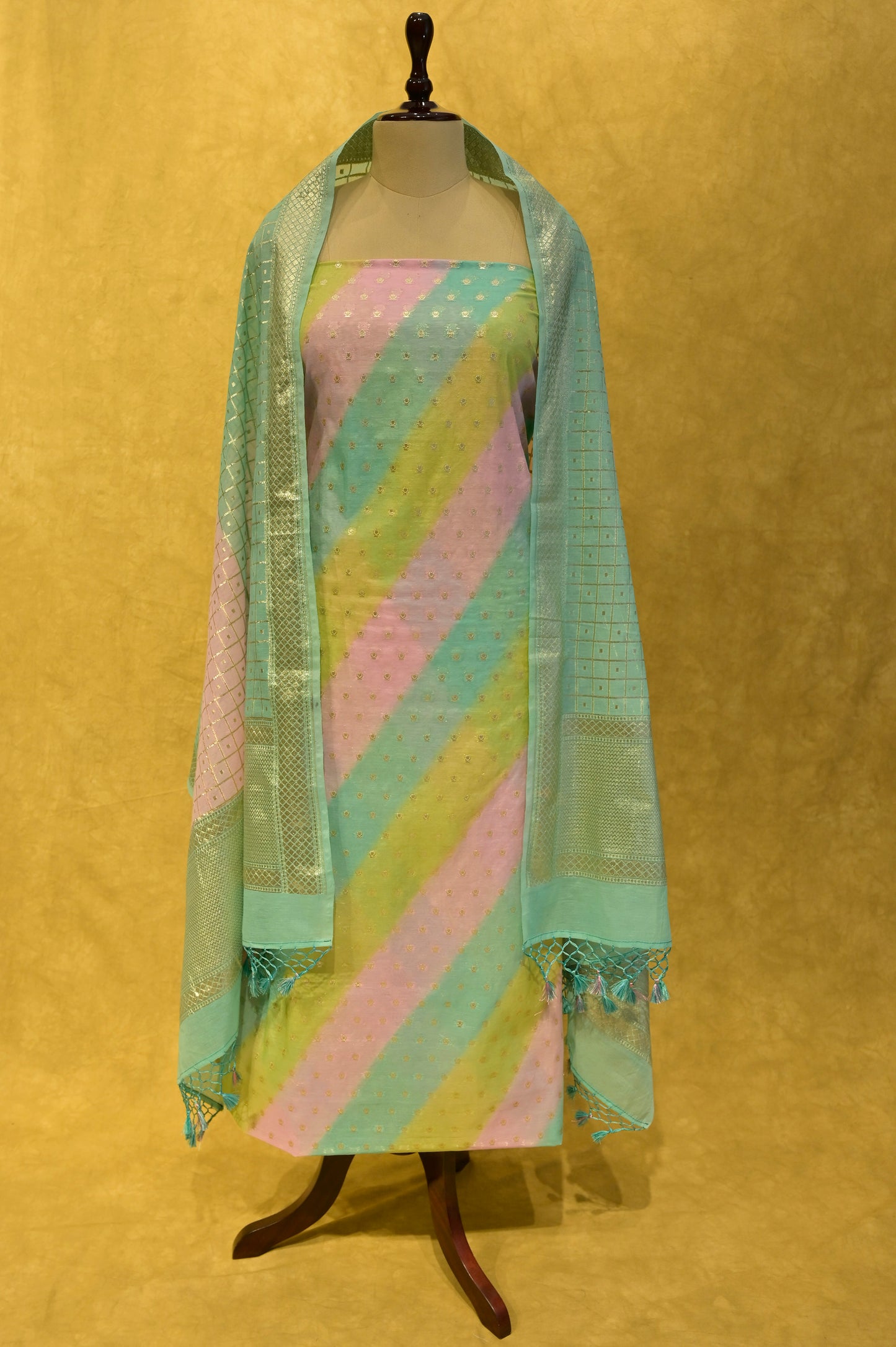 MULTI CHANDERI LEHERIYA SUIT WITH WHITE GOLD ZARI - Kothari Sons
