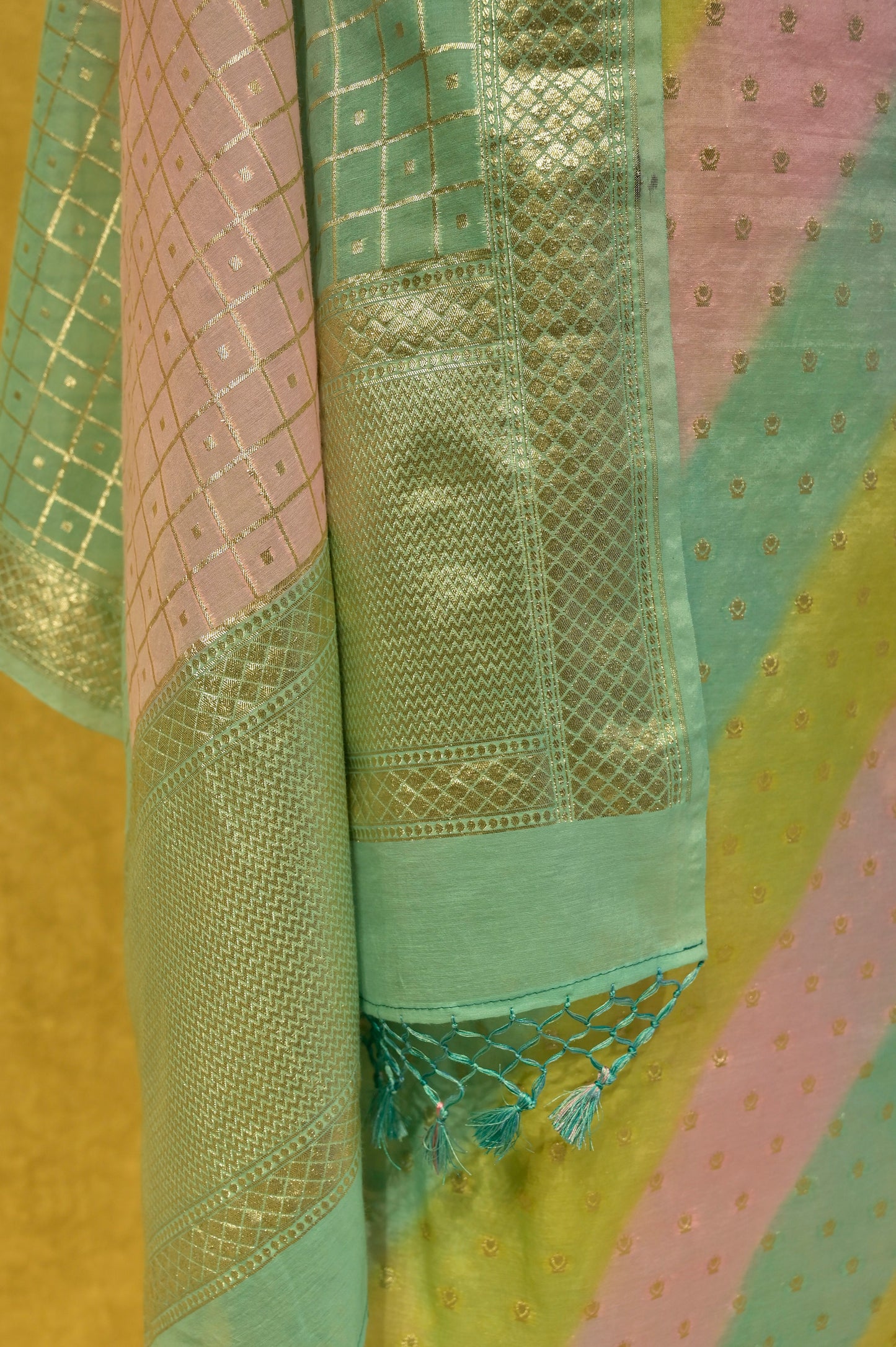 MULTI CHANDERI LEHERIYA SUIT WITH WHITE GOLD ZARI - Kothari Sons