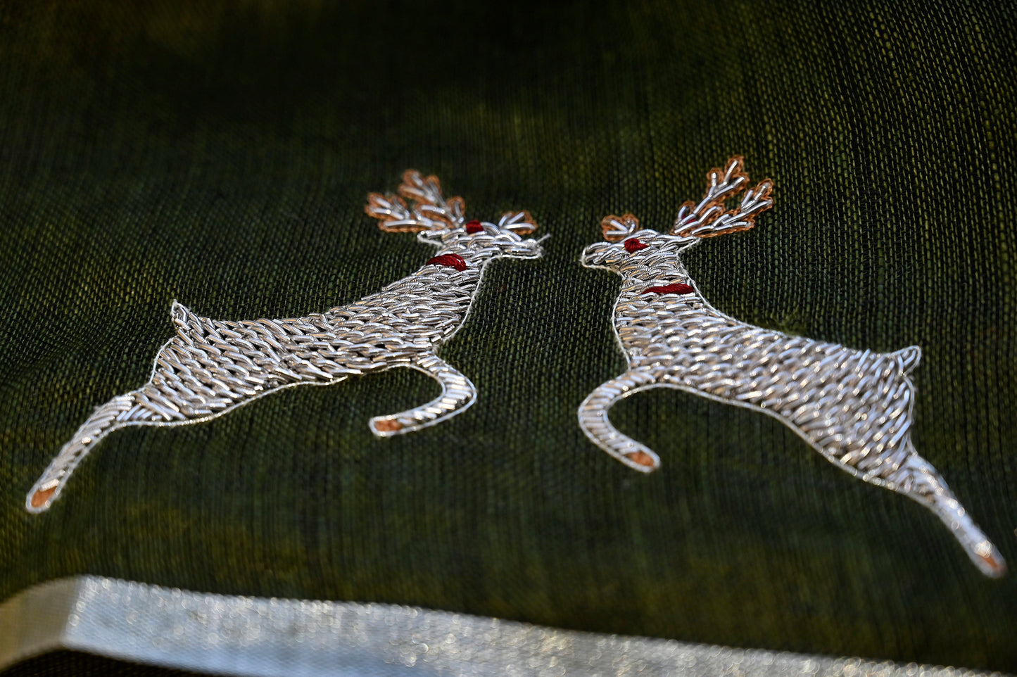 OLIVE GREEN LINEN SAREE WITH HAND EMBROIDERED ZARDOZI WORK - Kothari Sons