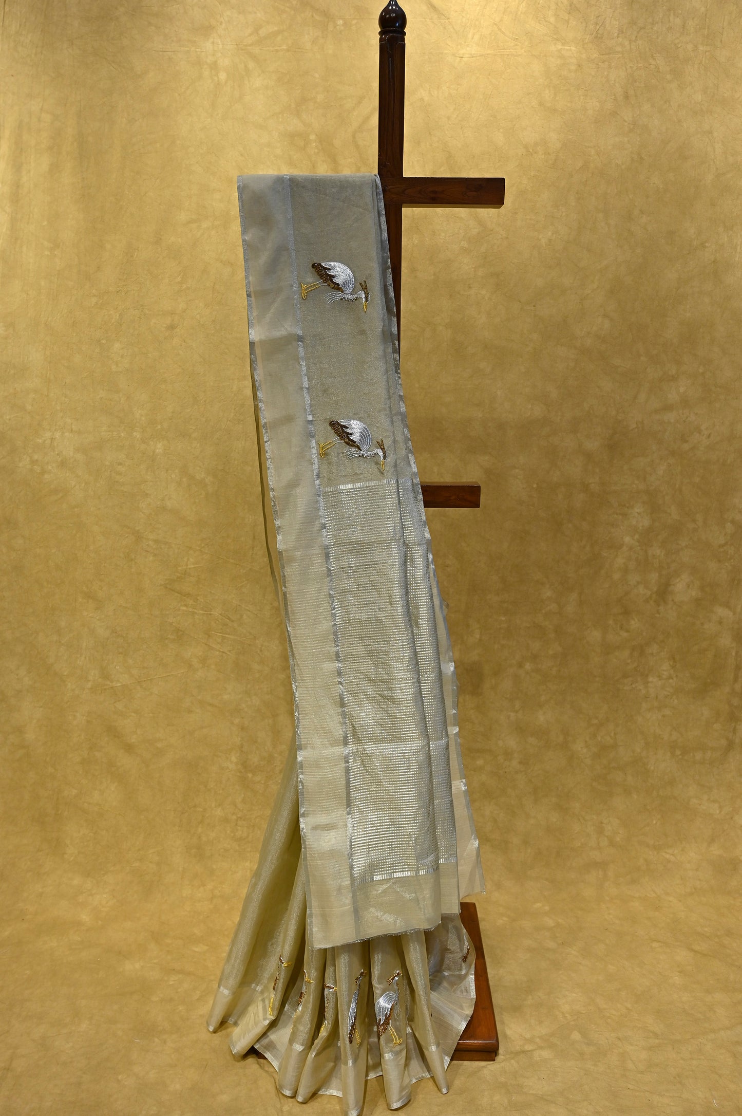 BEIGE CHANDERI TISSUE SARE WITH ZARDOZI WORK - Kothari Sons