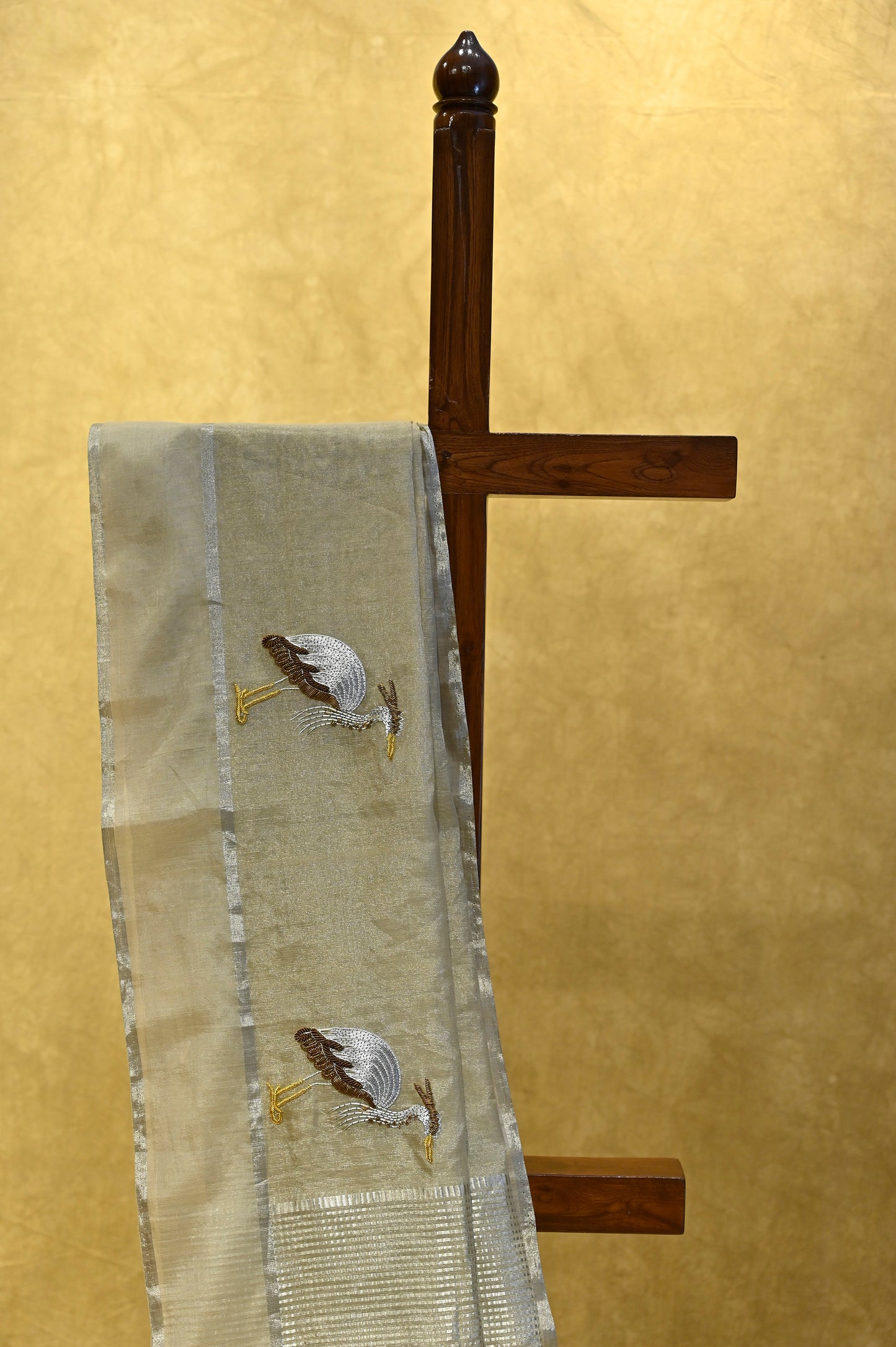 BEIGE CHANDERI TISSUE SARE WITH ZARDOZI WORK - Kothari Sons