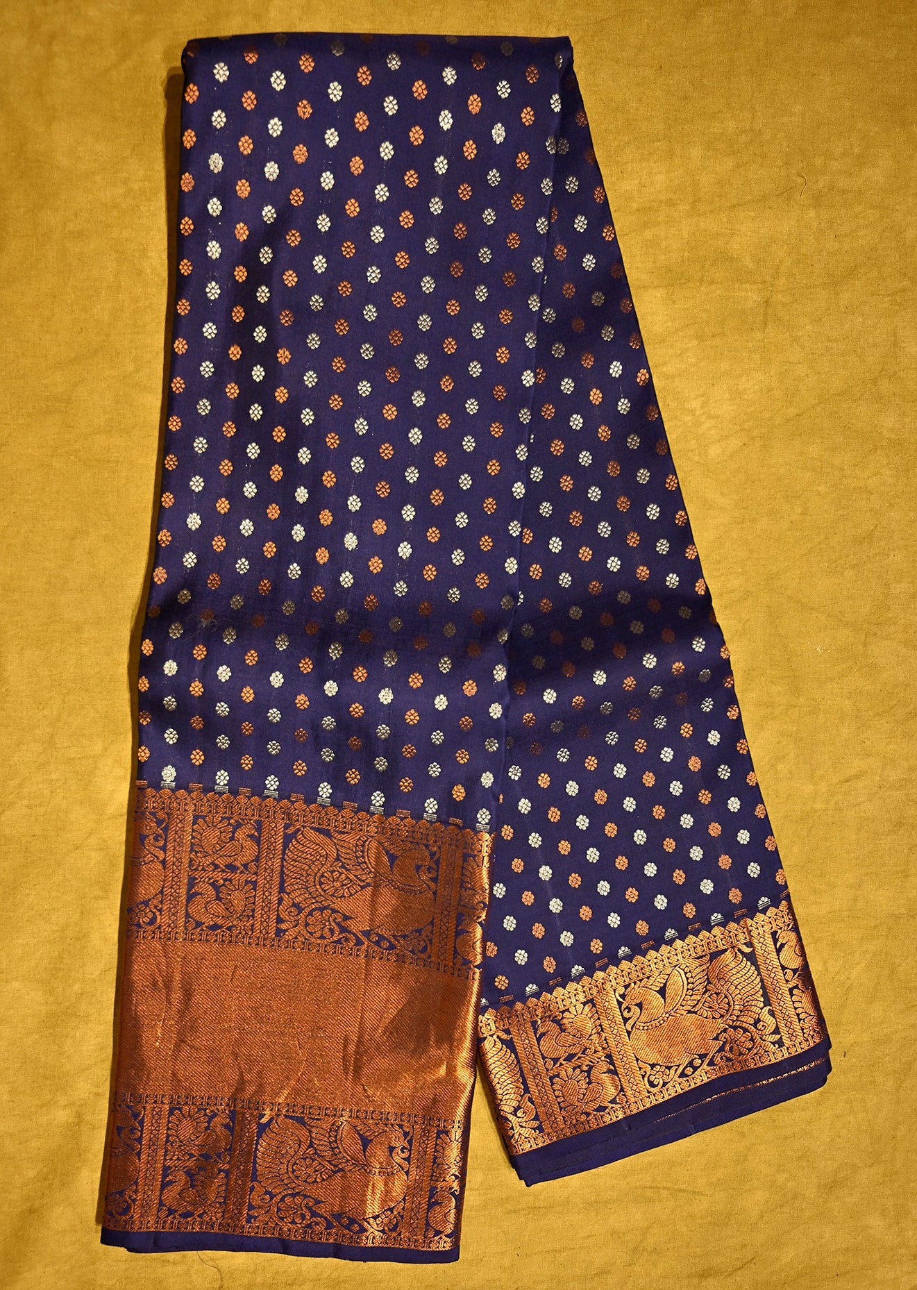 BLUE KANJIVARAM SAREE WITH COPPER AND SILVER ZARI BUTTI - Kothari Sons