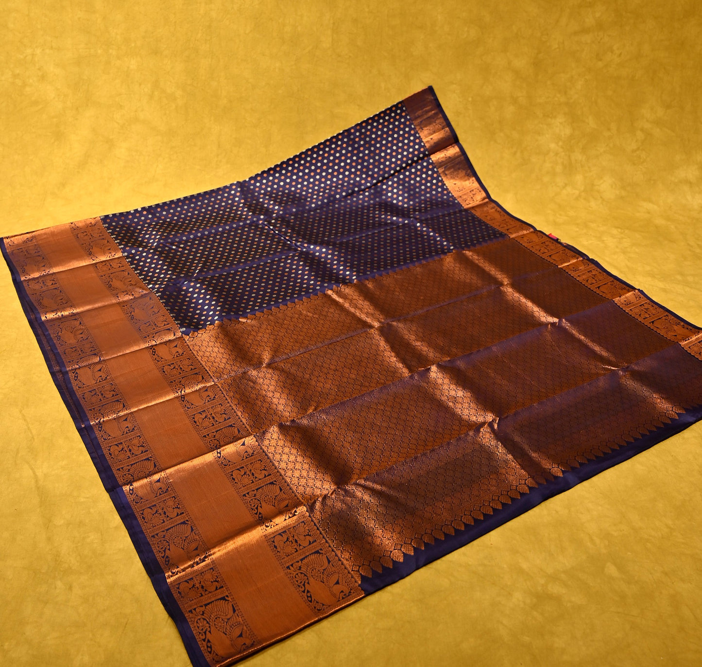 BLUE KANJIVARAM SAREE WITH COPPER AND SILVER ZARI BUTTI - Kothari Sons