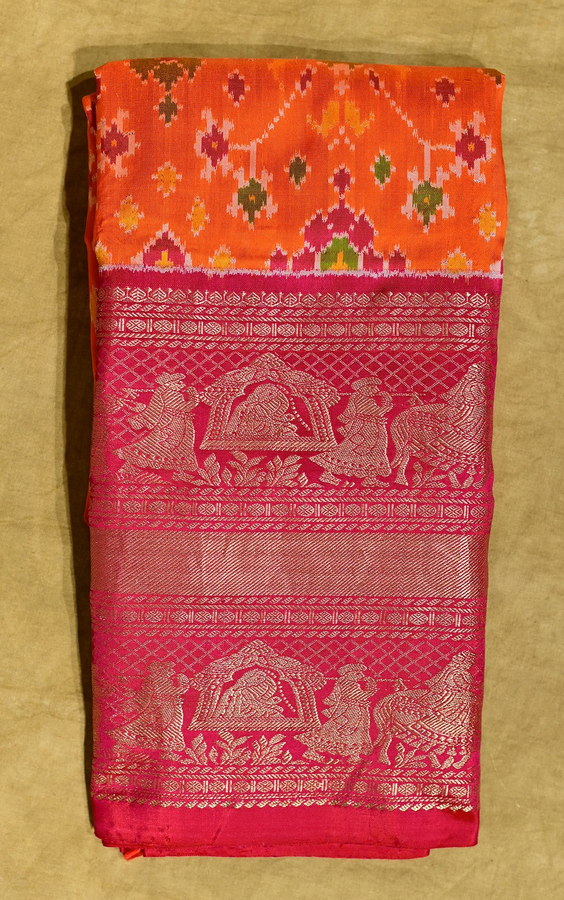 ORANGE PATOLA SAREE WITH KANJIVARAM BORDER - Kothari Sons