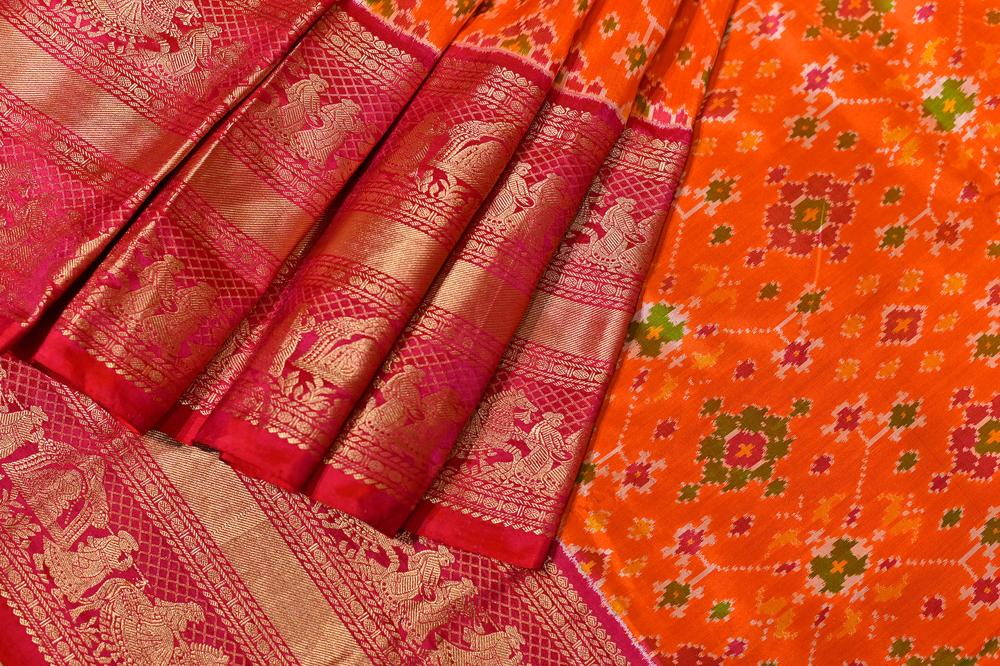 ORANGE PATOLA SAREE WITH KANJIVARAM BORDER - Kothari Sons