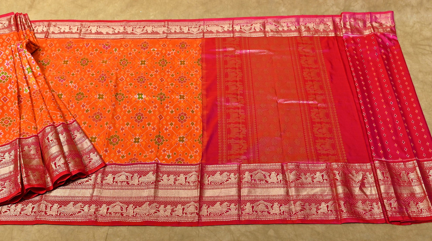 ORANGE PATOLA SAREE WITH KANJIVARAM BORDER - Kothari Sons