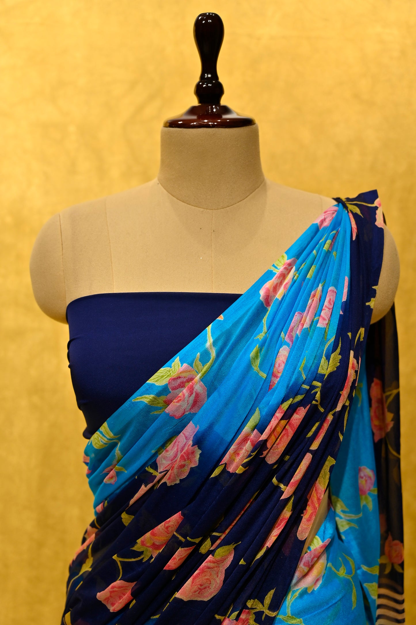 SHADED BLUE FLORAL PRINTED CHIFFON SAREE - Kothari Sons