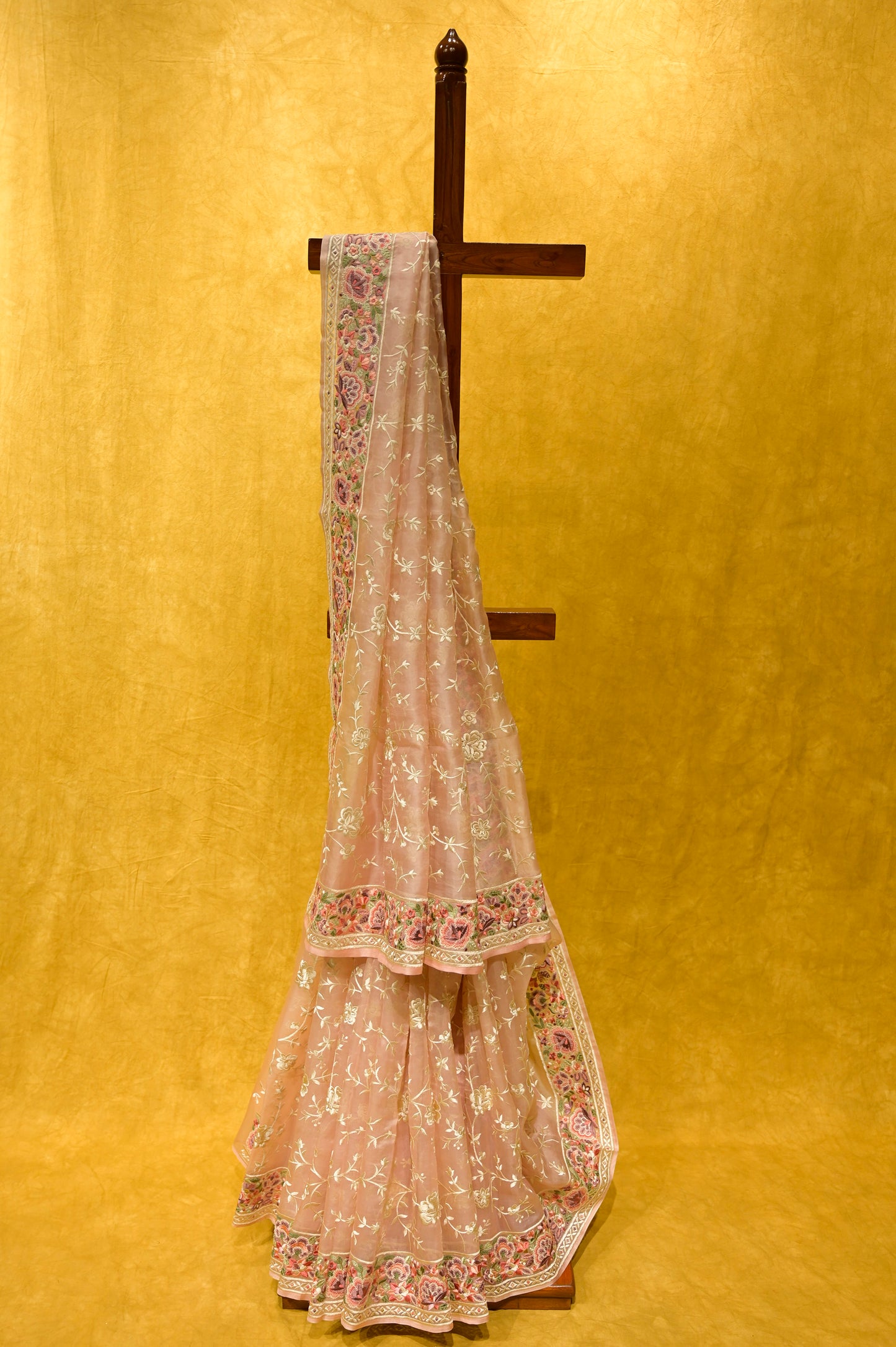 PEACH COLOUR ORGANZA PARSI GARA EMBROIDERED SAREE - Kothari Sons
