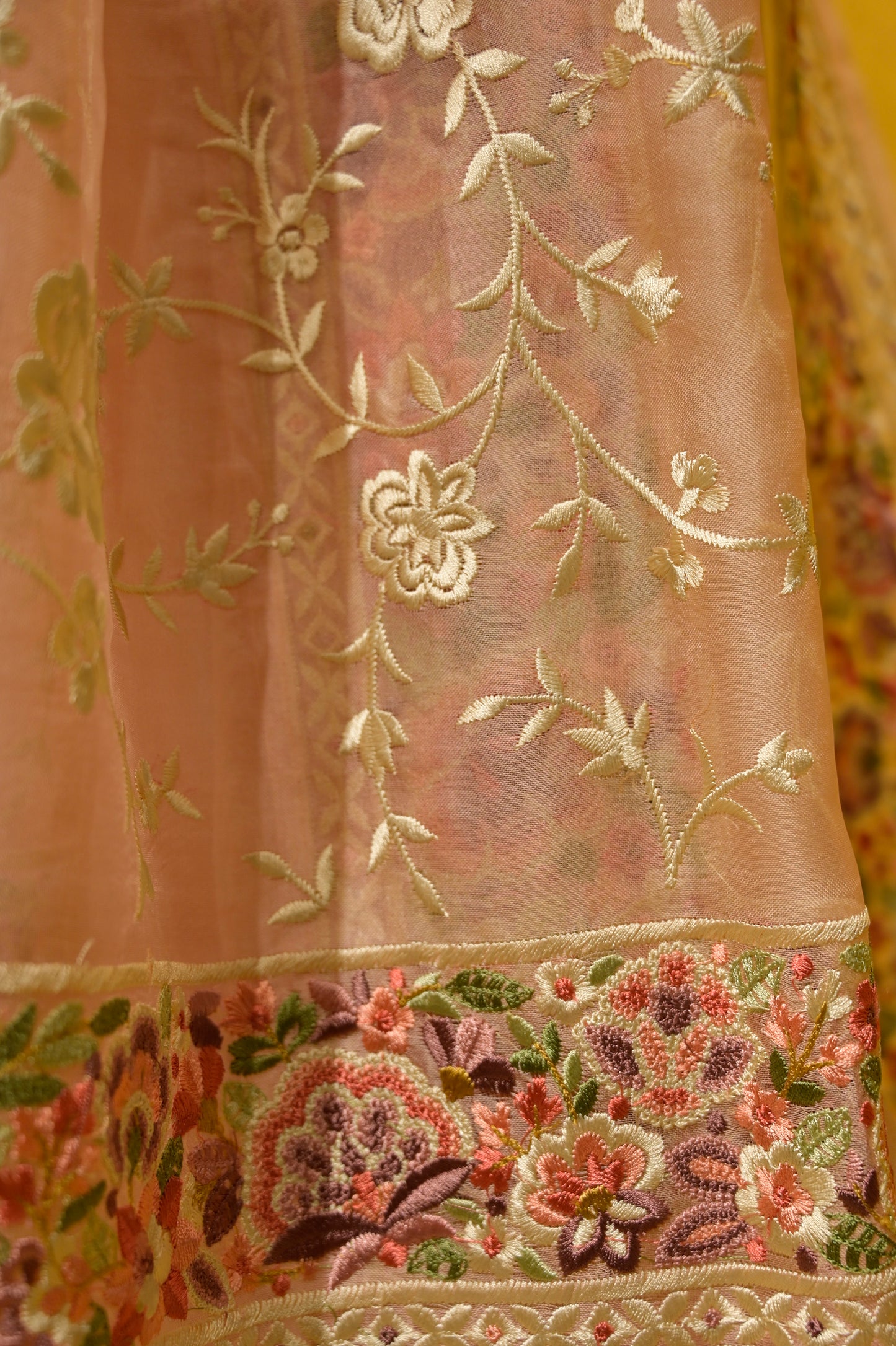 PEACH COLOUR ORGANZA PARSI GARA EMBROIDERED SAREE - Kothari Sons